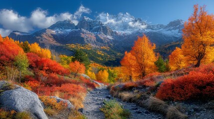 Obraz premium Colorful Autumn Path Leading to Snow-Capped Mountains Under a Deep Blue Sky