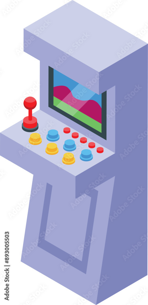 Poster arcade game machine with a joystick and buttons, displaying colorful pixels, is shown in this isomet