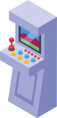 Arcade game machine with a joystick and buttons, displaying colorful pixels, is shown in this isometric illustration