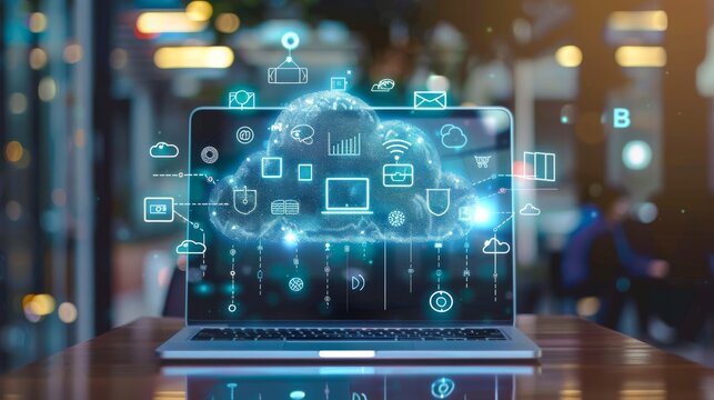 Business cloud computing solution depicting a laptop with various cloud icons hovering above, representing integrated enterprise cloud applications 