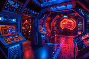Futuristic Spaceship Interior with Red and Blue Lighting