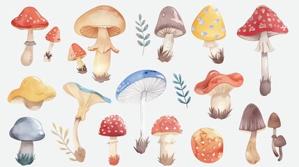 Cute mushrooms collection. White background. Watercolor illustrations