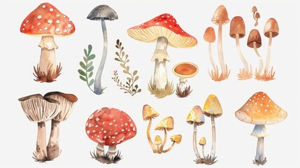Cute mushrooms collection. White background. Watercolor illustrations
