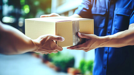 Delivery man holding a cardboard box delivering to customer home