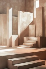 A stage with a plain, neutral-colored floor and backdrop, featuring a few strategically placed geometric shapes or panels in muted tones.