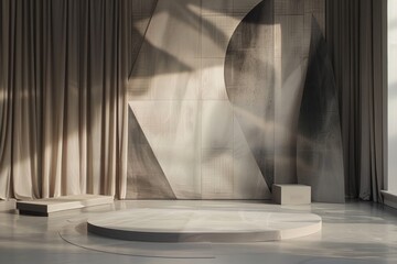 A stage with a plain, neutral-colored floor and backdrop, featuring a few strategically placed geometric shapes or panels in muted tones.