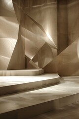 A stage with a plain, neutral-colored floor and backdrop, featuring a few strategically placed geometric shapes or panels in muted tones.