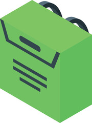 Green cardboard box with handles is standing on a white background