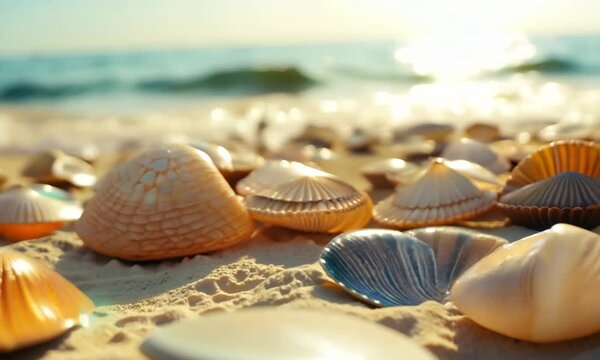 Generative ai motion animation of  seashells scattered on a beach