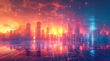 Fototapeta premium Futuristic city skyline with angular buildings in metallic tones, glowing against a digital grid sky 