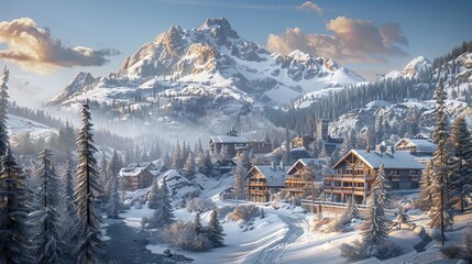 Fototapeta premium A Painting of a Snowy Mountain Village in Front of a Large Snow Covered Mountain - Generative AI