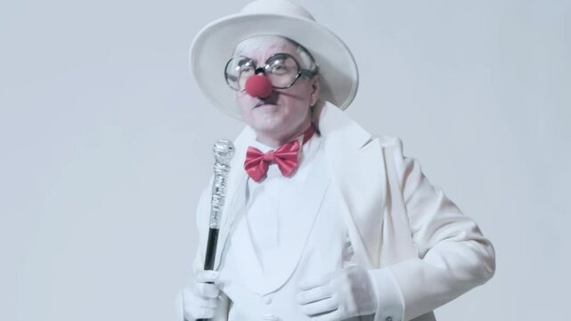 Video of dancing clown. An elderly man in a white coat and hat with walking stick.