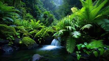 Fototapeta premium Forest waterfall, lush greenery,
