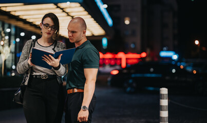 Obraz premium Two colleagues review documents and discuss business outside at night under streetlights and neon signs in an urban setting.