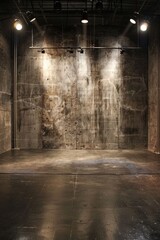 A stage with a polished concrete floor and a simple, raw concrete backdrop. The industrial look is softened by subtle, warm lighting 