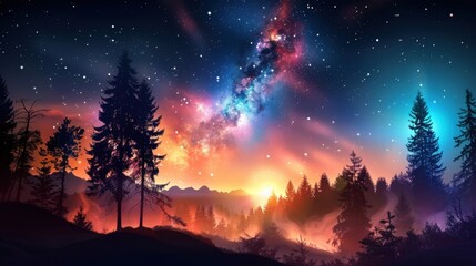 Fototapeta premium Night forest, starry sky,