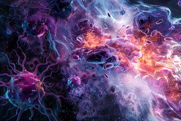 Macrophages: An image of macrophages, large cells derived from monocytes, engulfing pathogens and cellular debris. 