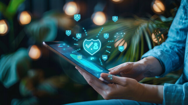 Person confidently holds tablet with glowing shield, check mark, security icons. Perfect for tech, cybersecurity, data protection, digital concepts. - Powered by Adobe