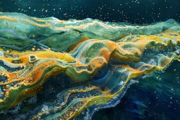 Obraz premium Microbial Mats: An image showing microbial mats in water, illustrating layered communities of microorganisms with distinct metabolic processes