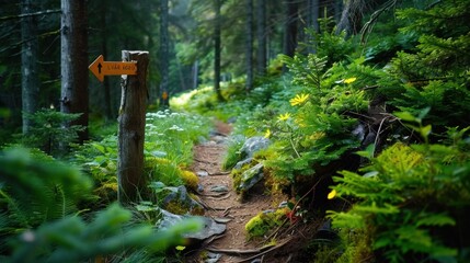 Forest with hiking trail markers, adventure scene,