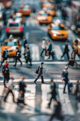 Fototapeta premium A mini figure businessman crossing a busy intersection in the city, briefcase in hand, surrounded by other pedestrians.