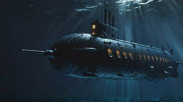 A black steampunk submarine navigates the dark depths of the ocean. Light shines through the water from above, illuminating the submarine's silhouette