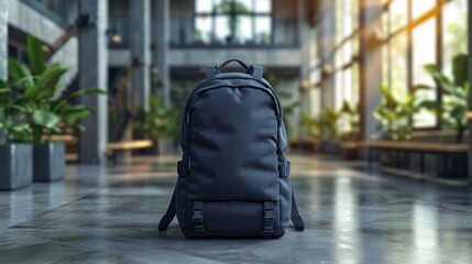 Fototapeta premium A Black Backpack Sits on a Tiled Floor in an Empty Building With Plants in the Background - Generative AI