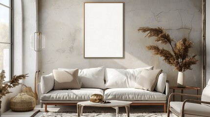 A Mock Up 3d Render Of A Frame Mounted Blank Poster Hanging On Left Wall In Room Background