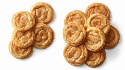 Fototapeta premium An image of classic snickerdoodle cookies, featuring golden-brown, slightly crinkled tops dusted with a generous coating of cinnamon sugar, set against a clean white background