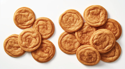 An image of classic snickerdoodle cookies, featuring golden-brown, slightly crinkled tops dusted with a generous coating of cinnamon sugar, set against a clean white background