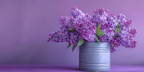 Purple lilacs in a vintage tin can, against a solid lavender background 