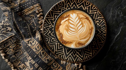 Aesthetic Coffee Art: Top View of Tribal Pattern Foam Design on Cappuccino Cup