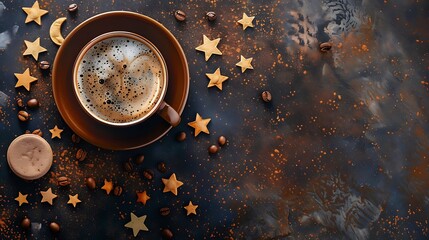 Serene Night Vibes: Top View of Coffee with Moon and Stars Foam Art