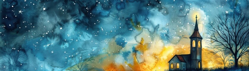 Fototapeta premium Beautiful night sky painting of a church with a glowing backdrop and stars scattered across the dark blue sky.