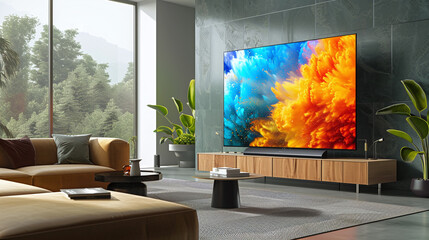 Ultra HD TV Setup: A living room with a large High definition TV displaying vibrant content.