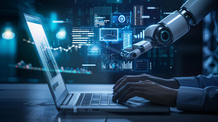 Robot arm interacts with person typing on laptop amidst data visualizations, suitable for technology, AI, innovation concepts in design.