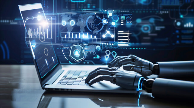 Robotic hands typing on laptop show digital data. Suitable for technology, artificial intelligence, data analysis concepts in design projects.
