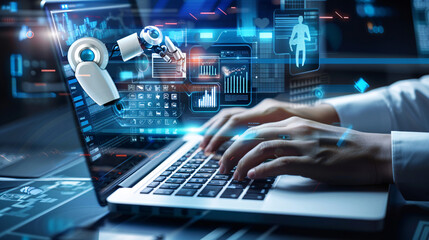 Person using laptop with robotic arm and digital data visuals. Perfect for technology, artificial intelligence, innovation, and futuristic concepts.