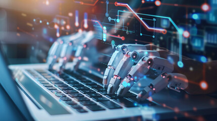 Robot hands typing on laptop keyboard with digital overlay. Suitable for technology, artificial intelligence, futuristic concepts in digital design.