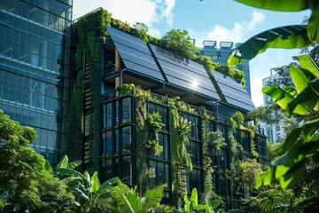 Solar panels integrated into the design of a modern building facade, reflecting sunlight and surrounded by lush greenery for an eco-friendly aesthetic 