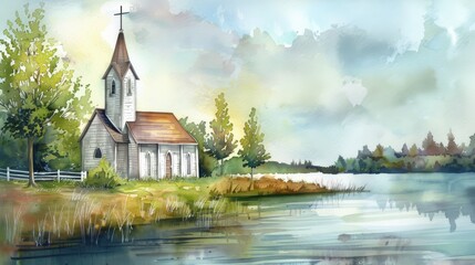 Obraz premium Serene watercolor painting of a quaint lakeside chapel, surrounded by trees and reflecting on the calm water, under a cloudy sky.