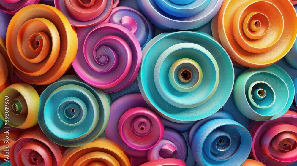Poster array of interlocking spirals in vibrant colors, 3d background, spiral abstract