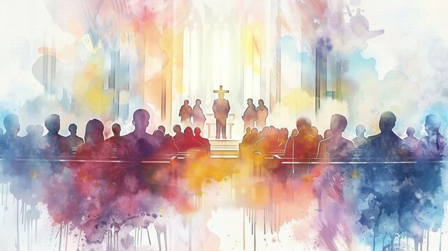Watercolor painting of congregation in a church setting, featuring people in prayer and worship with a vibrant, colorful atmosphere.