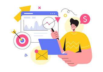 Market Research and Analysis Vector Illustration with Team Management and Analytics for Creating Data Statistics in a Flat Style Cartoon Background