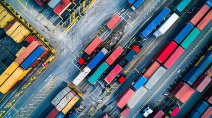 High-angle image of a busy logistics hub, freight containers and trucks in a well-organized distribution center