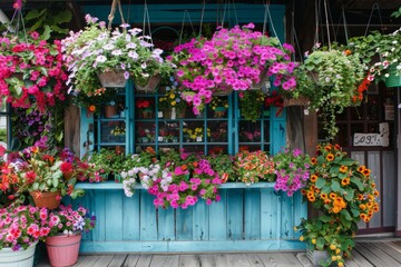 Vibrant Floral Display Adorns a Quaint Blue Shop