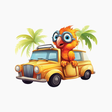Parrot driving vintage car adventure