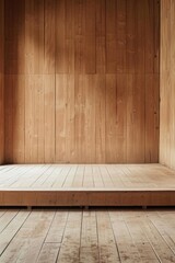 Naklejka premium A stage with a smooth, light wood floor and a matching wooden backdrop, creating a warm, minimalist setting. 