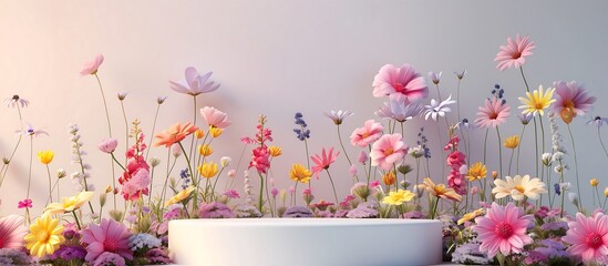 Floral Podium A 3D white podium adorned with colorful flowers, providing a fresh and cute backdrop for product displays. 