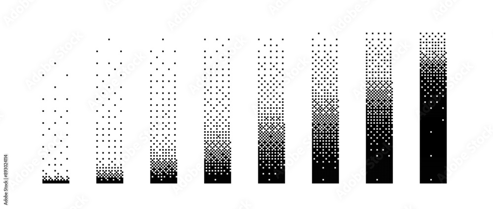 Poster halftone vertical gradient border set. black long dotted frame or divider collection. pixelated rect